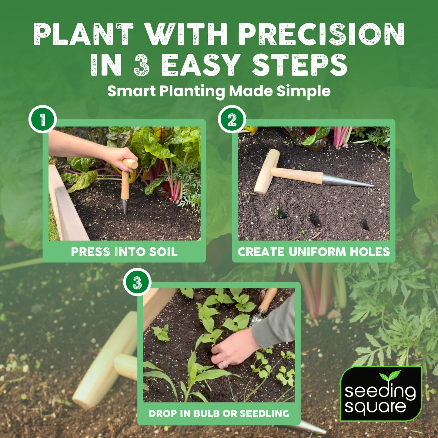 Pokey Planter - Stainless Steel & Wooden Handle Tool - for Planting Bulbs & Seedlings