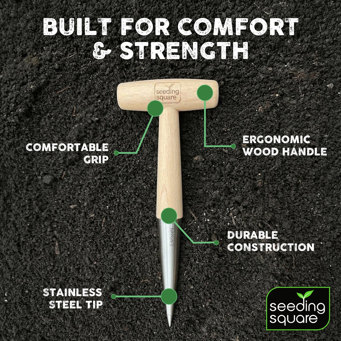 Pokey Planter - Stainless Steel & Wooden Handle Tool - for Planting Bulbs & Seedlings
